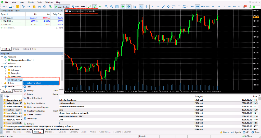 XAUUSD M5 차트에 EA 부착 (Attach to Chart)