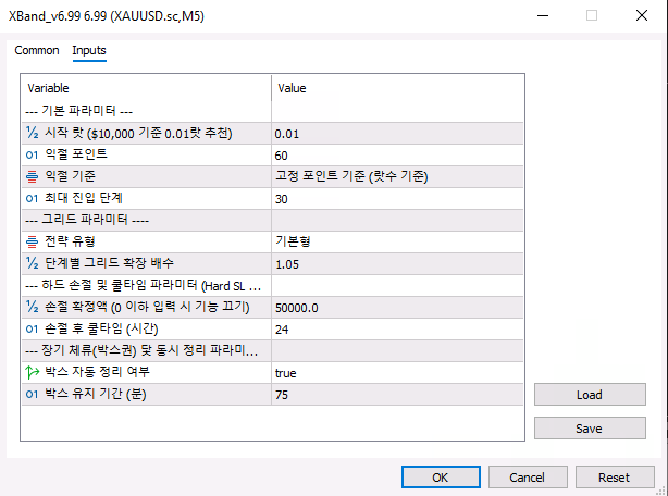 EA 속성창(F7) ➔ 입력값(Inputs) 자금 구간 및 파라미터 설정